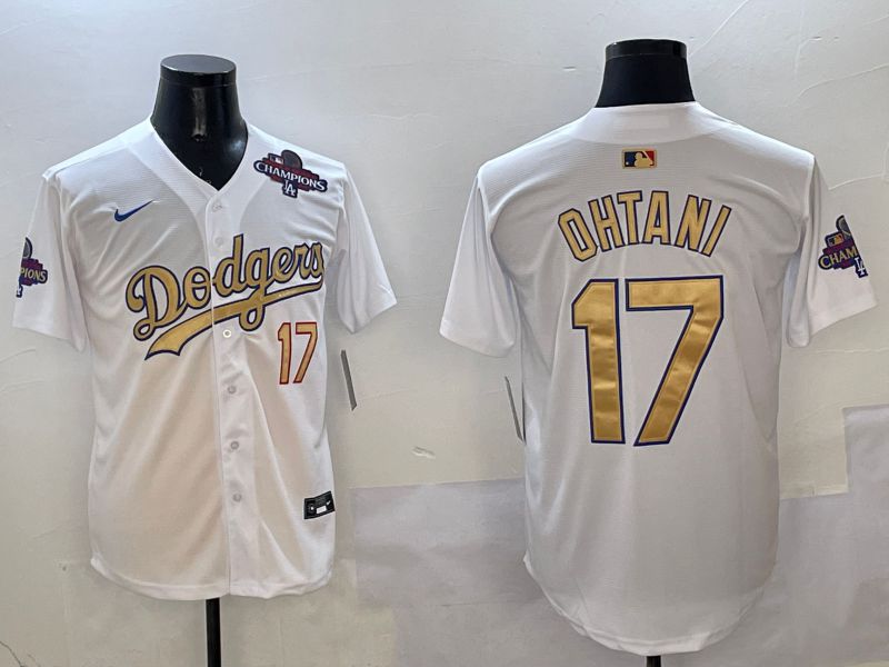 Men Los Angeles Dodgers #17 Ohtani White Champion gold character 2025 Nike MLB Jersey style 2
